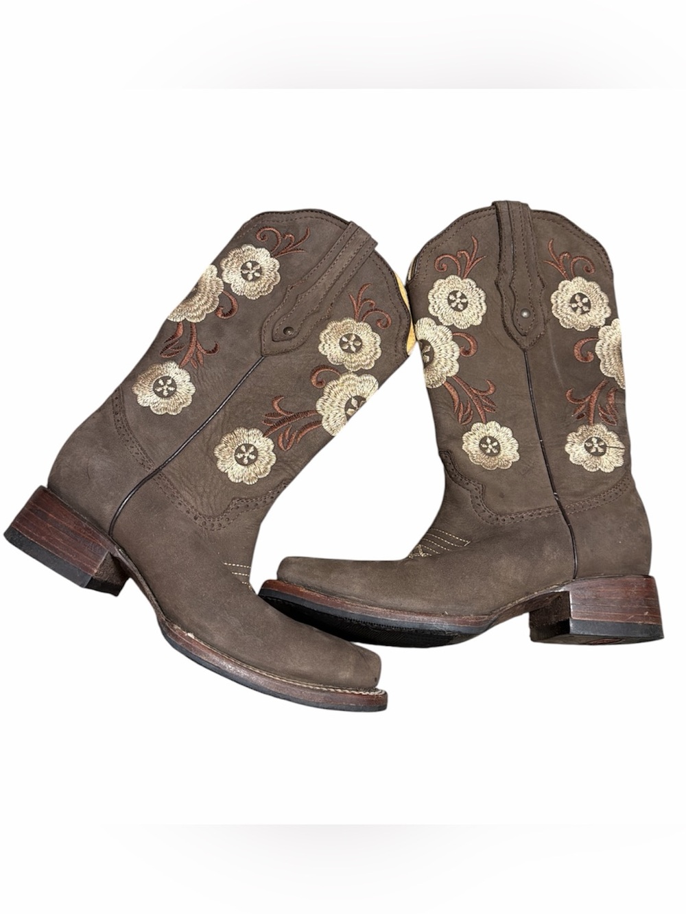 Tronco‎ Viejo Brown Embroidered Floral Square Toe Cowgirl Cowboy Boots Size 7